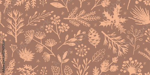 Сhristmas pattern in mocha mousse 2025 year color. Seamless floral mocha mousse and pink Christmas vector. Winter plant for 2025 bg. Flower background. Crayon pastel holiday design with cute mistletoe