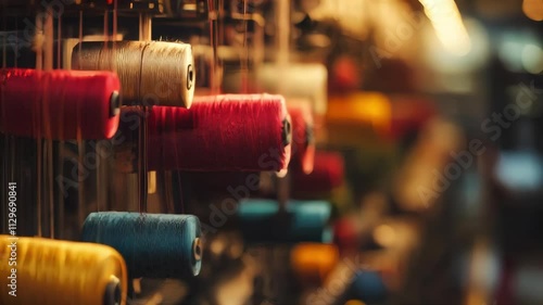 Spools of colorful thread hang in a textile factory, ready for weaving. Perfect for textile, craft, and industry projects.. AI Generation