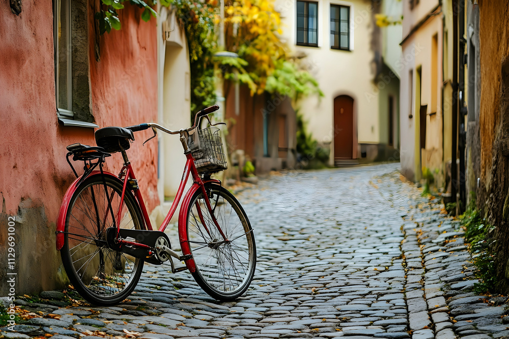 Retro red bicycle resting on cobblestones in a charming old town, AI Generated Retro red bicycle resting on cobblestones in a charming old town, AI Generated