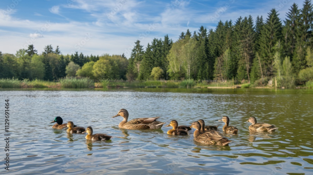 A mother duck and her ducklings are swimming in a pond. The mother duck is leading the way, while the ducklings follow closely behind her. The scene is peaceful and serene A mother duck and her ducklings are swimming in a pond. The mother duck is leading the way, while the ducklings follow closely behind her. The scene is peaceful and serene