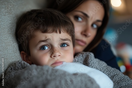 A young boy looks worried while being comforted by his mother, highlighting the bond between them during moments of vulnerability and concern for well-being. photo