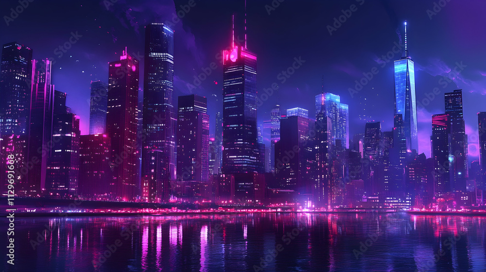 Nighttime cityscape with skyscrapers lit up and reflections on a river, capturing the beauty of a vibrant urban skyline Nighttime cityscape with skyscrapers lit up and reflections on a river, capturing the beauty of a vibrant urban skyline