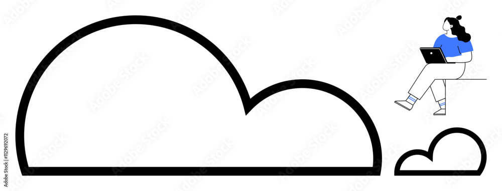 Woman sits on elevated platform with laptop, large black cloud shape beside smaller black cloud shape. Ideal for tech, cloud computing, remote work, data storage, internet services, digital Woman sits on elevated platform with laptop, large black cloud shape beside smaller black cloud shape. Ideal for tech, cloud computing, remote work, data storage, internet services, digital