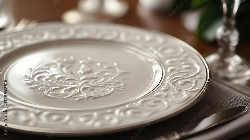 An elegant ceramic plate featuring intricate embossed floral patterns, placed on a sophisticated dining table setting with polished cutlery and a blurred background.