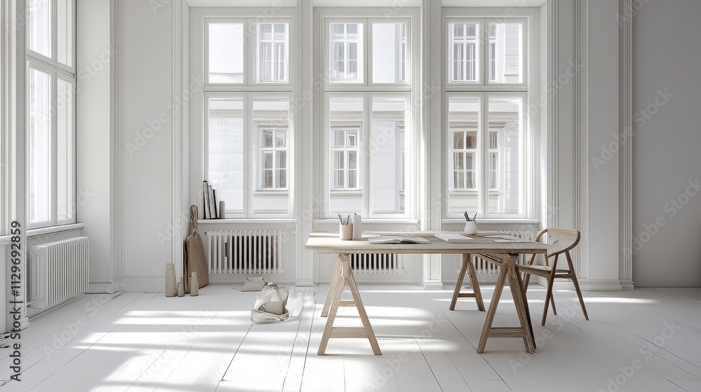 Fototapeta premium Bright White Room Minimalist Workspace Design