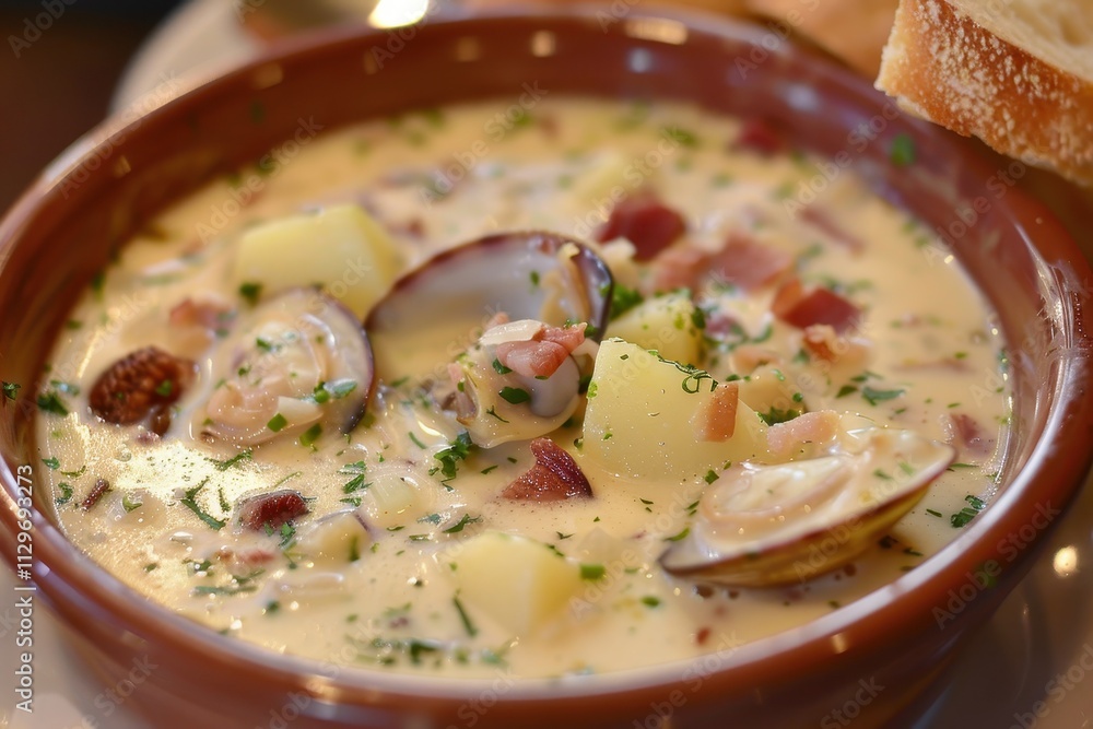 Clam chowder soup with clams potatoes onions and bacon in a cream base Clam chowder soup with clams potatoes onions and bacon in a cream base