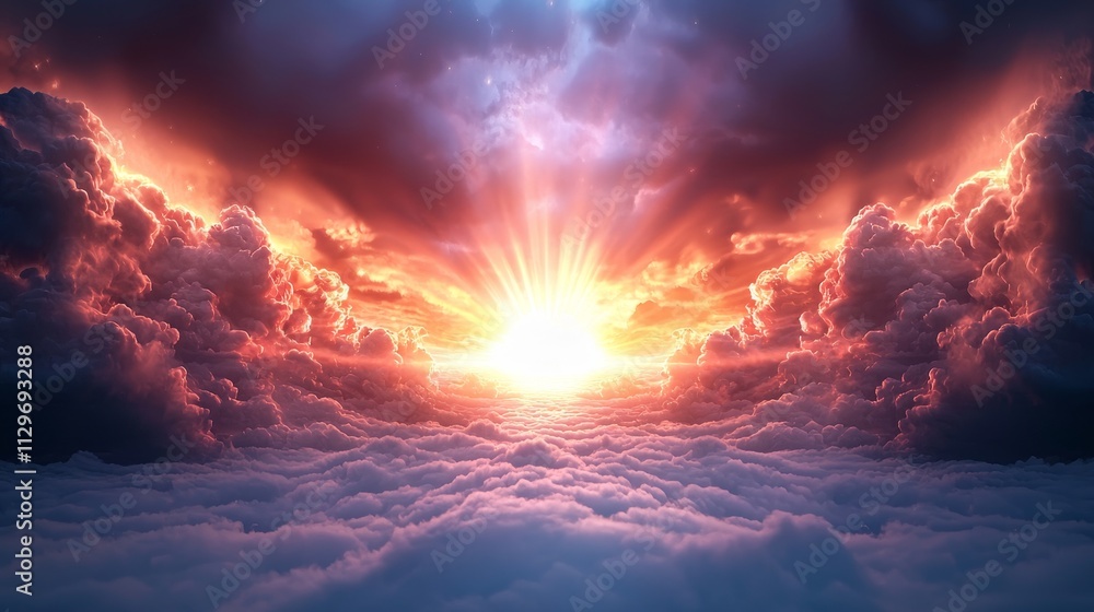 Obraz premium Sunlit divine rays cascading from a glowing sky, vibrant yet serene, high-quality 3D rendering, ethereal aesthetics, isolated on white background