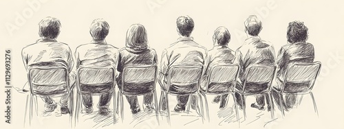 A hand-drawn illustration of an audience sitting in chairs, seen from the side The people have their backs to each other and appear focused on what is being thought or put into writing,


 photo