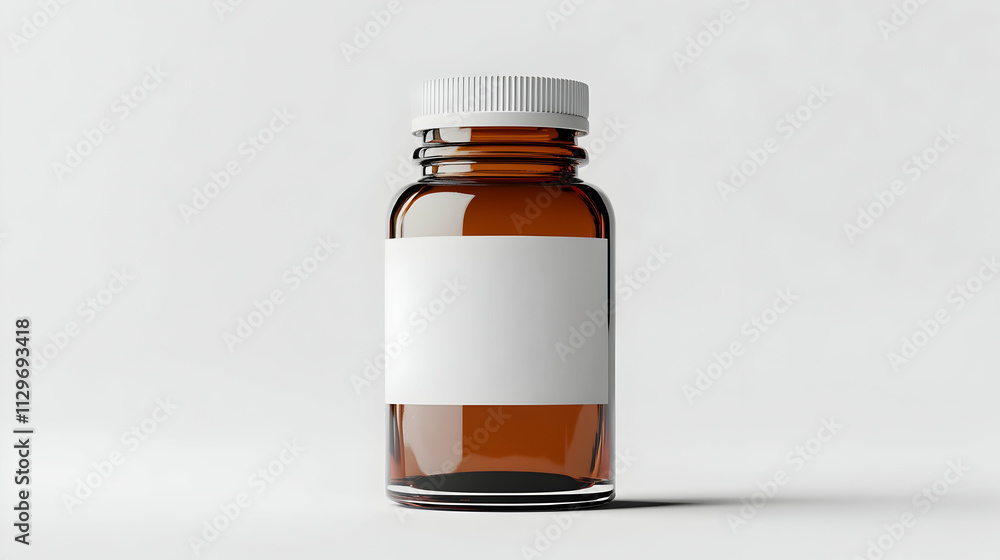 Isolated small glass bottle with blank white label on a white background, perfect for product packaging mockup Isolated small glass bottle with blank white label on a white background, perfect for product packaging mockup