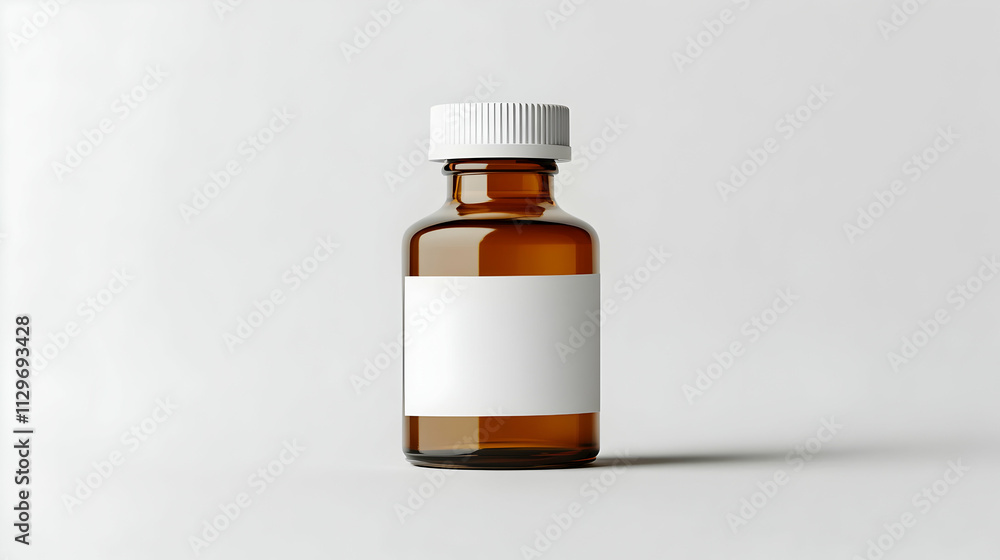 Isolated small glass bottle with blank white label on a white background, perfect for product packaging mockup Isolated small glass bottle with blank white label on a white background, perfect for product packaging mockup