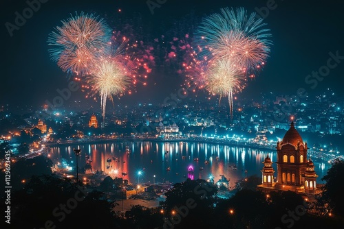 Hyderabad skyline with vibrant New Year fireworks over illuminated cityscape and Hussain Sagar lake reflection