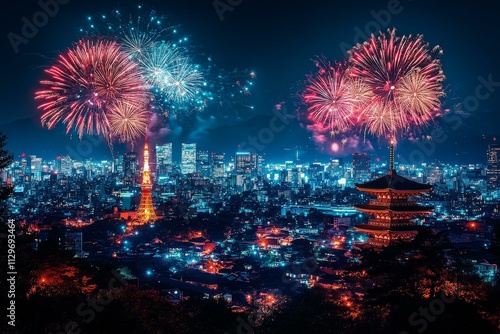 Fireworks illuminate Kyoto skyline on New Year, highlighting pagoda and tower against vibrant cityscape.