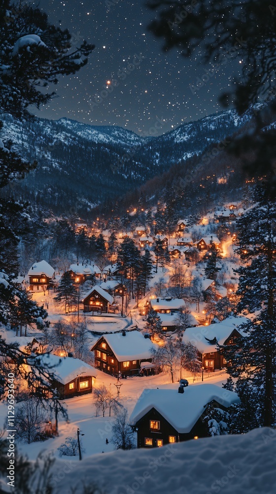 Cozy village on Christmas night in the mountains Cozy village on Christmas night in the mountains