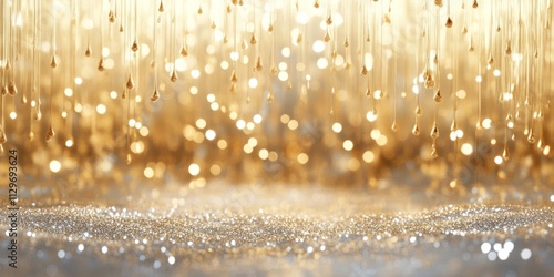 Golden glitter strands dripping in a dazzling festive scene with sparkling holiday lights photo