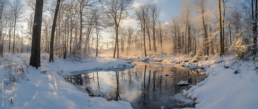 Serene snowy winter wonderland with a tranquil forest landscape, AI Generated Serene snowy winter wonderland with a tranquil forest landscape, AI Generated