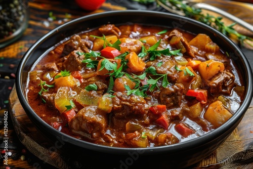 Classic beef stew with vegetables Boeuf bourguigno Comforting fare photo