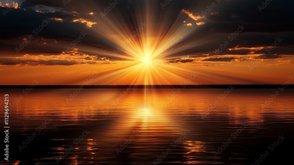 Soft heavenly rays piercing through heavy golden clouds over a serene lake, the light creating ethereal reflections on water Soft heavenly rays piercing through heavy golden clouds over a serene lake, the light creating ethereal reflections on water