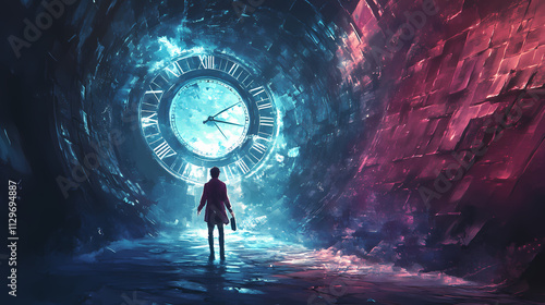 A time traveler encountering their past self in a paradoxical moment,. Paradox. Illustration