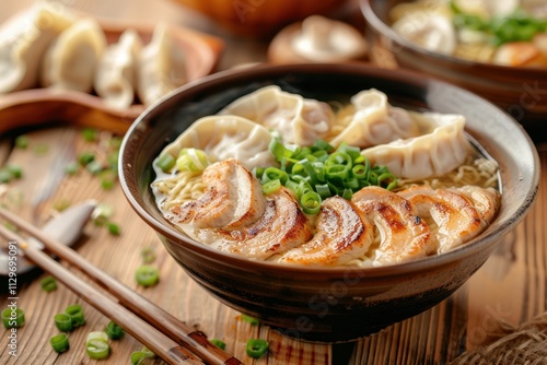 Classic ramen with jerked pork or chicken udon or ramen noodles in classic bowls Gyoza dumplings and mushrooms on natural wood background photo