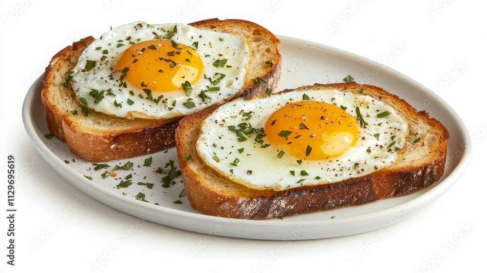 Rustic breakfast featuring fried eggs on toasted rye bread, topped with mixed herbs, served on a clean white plate, rich and inviting Rustic breakfast featuring fried eggs on toasted rye bread, topped with mixed herbs, served on a clean white plate, rich and inviting