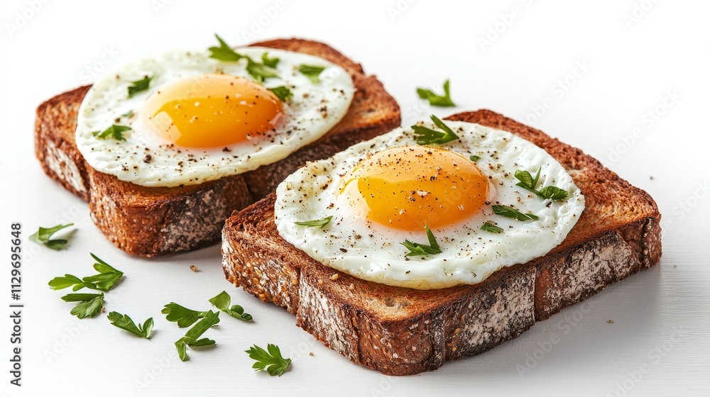 Rustic toast with perfectly fried eggs, scattered with green herbs, isolated on white, healthy and delicious meal concept Rustic toast with perfectly fried eggs, scattered with green herbs, isolated on white, healthy and delicious meal concept