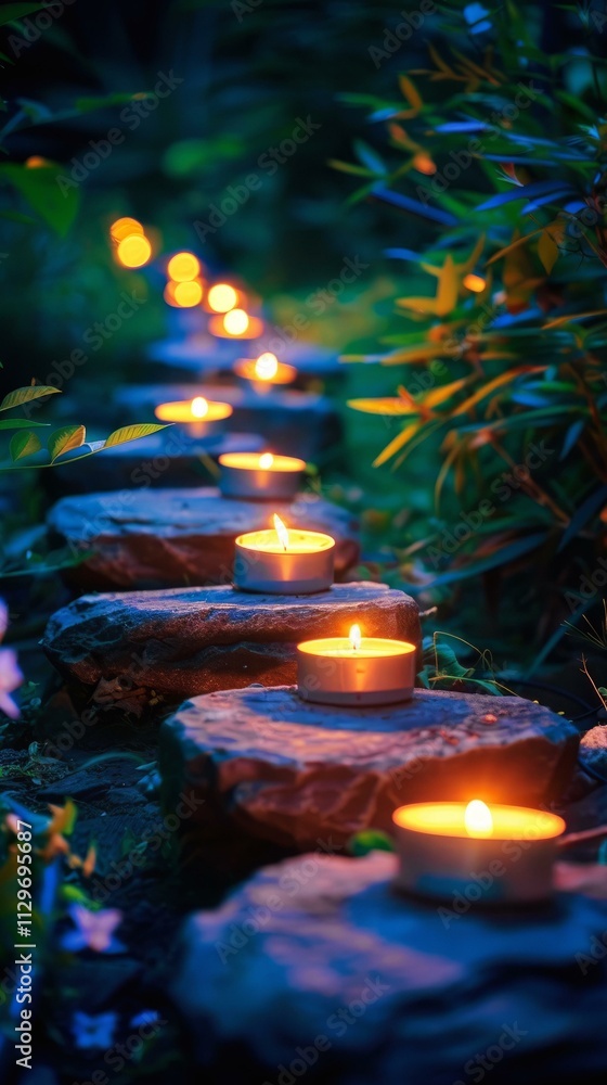 Tranquil garden pathway illuminated by glowing candles at dusk for meditation and relaxation ambiance Tranquil garden pathway illuminated by glowing candles at dusk for meditation and relaxation ambiance
