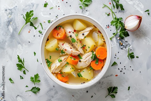 Clear chicken soup with vegetables in white bowl Asian inspired top view photo