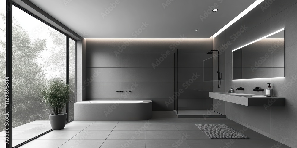 A sleek, modern bathroom with elegant grey tiles and luxurious fixtures by a large window overlooking lush greenery, exuding calm and sophistication. A sleek, modern bathroom with elegant grey tiles and luxurious fixtures by a large window overlooking lush greenery, exuding calm and sophistication.