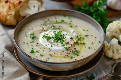 Close up bowl of creamy curry cauliflower soup