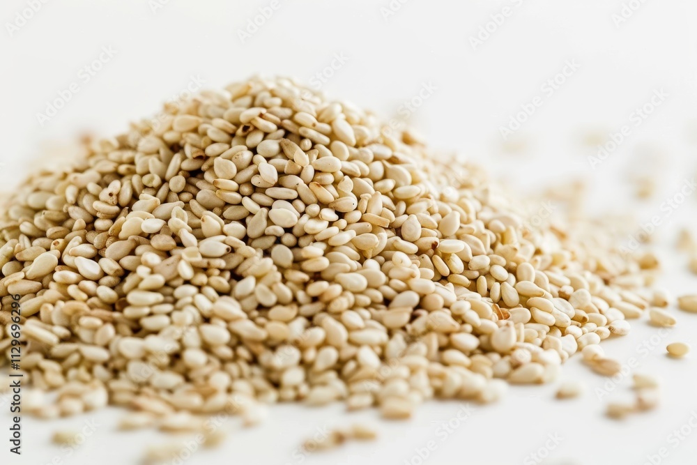 Close up of a pile of white sesame seeds on a white surface Close up of a pile of white sesame seeds on a white surface
