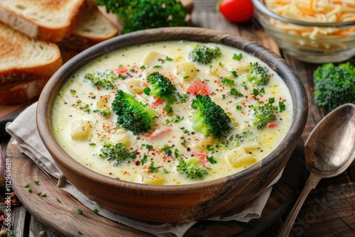 Close up of a bowl of cheesy broccoli soup with vegetables and toast on table