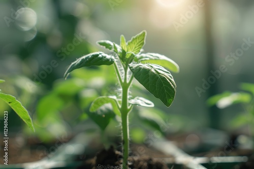 Close up of a healthy tomato seedling in garden greenhouse for self sufficiency photo