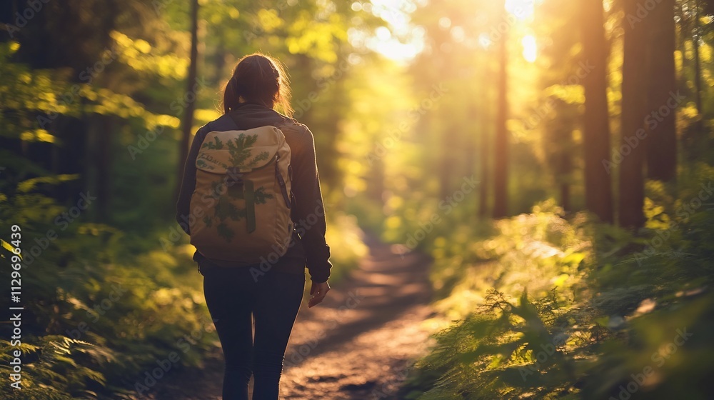 Woman hiking on forest trail at sunset. Woman hiking on forest trail at sunset.