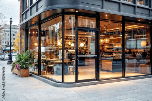 Corner Cafe with Glass Exterior and Cozy Interior Design on a Bustling Urban Street