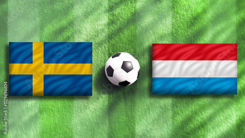 Sweden and Luxembourg flag with soccer ball on field,copy space for text or generative edits,football concept. photo