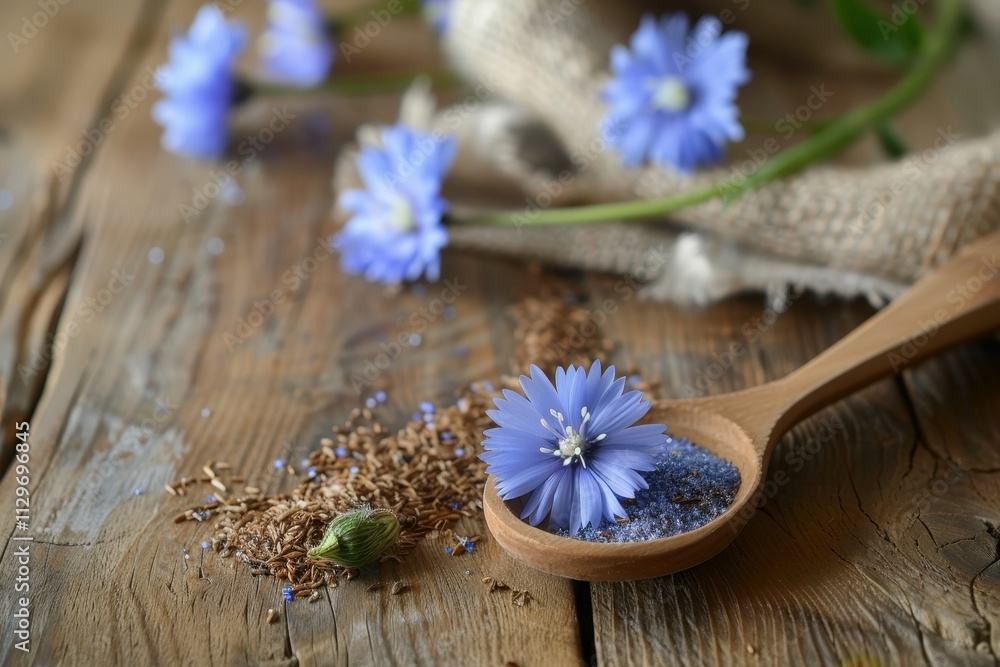 Close up of chicory granules and blue flower in wooden spoon on rough wooden table with napkin and plant Close up of chicory granules and blue flower in wooden spoon on rough wooden table with napkin and plant