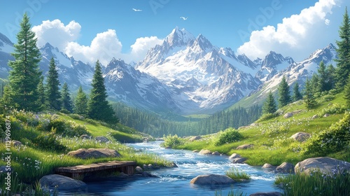 Serene mountain valley with a flowing stream, lush meadows, and snow-capped peaks under a bright blue sky.