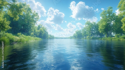 Serene river flowing through lush green forest under a bright sunny sky with fluffy white clouds.