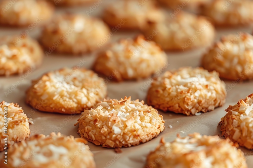 Close up of coconut cookies on parchment paper Close up of coconut cookies on parchment paper