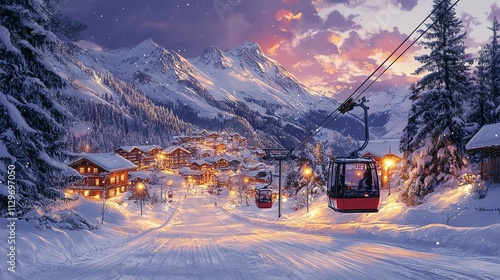 Snowy Mountain Village Sunset Cable Cars