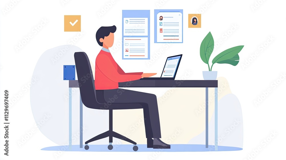 Man working on laptop at desk, reviewing resumes. Man working on laptop at desk, reviewing resumes.
