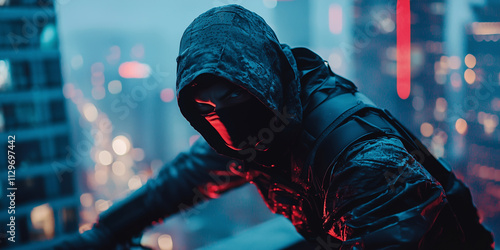 mysterious ninja in traditional garb perches on rooftop, surrounded by vibrant cityscape at night. scene is illuminated by city lights, creating dramatic atmosphere photo