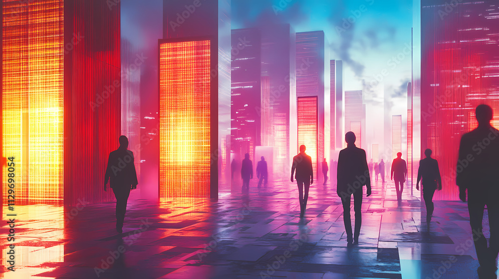 Vibrant futuristic cityscape with people walking towards glowing monoliths. Monolith. Illustration Vibrant futuristic cityscape with people walking towards glowing monoliths. Monolith. Illustration