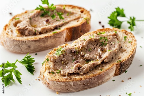 Close up of homemade liver pate sandwich on white background