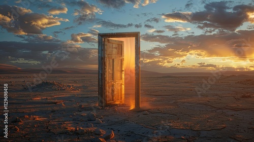 a realistic high-definition photograph of a rustic wooden door standing alone in a vast desert slightly ajar with a bright green light streaming out