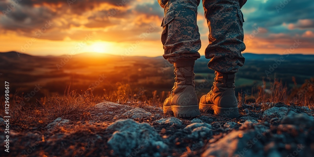 A soldier stands atop a rocky hill at sunset, silhouetted against a vibrant sky, contemplating the natural landscape that stretches far below. A soldier stands atop a rocky hill at sunset, silhouetted against a vibrant sky, contemplating the natural landscape that stretches far below.