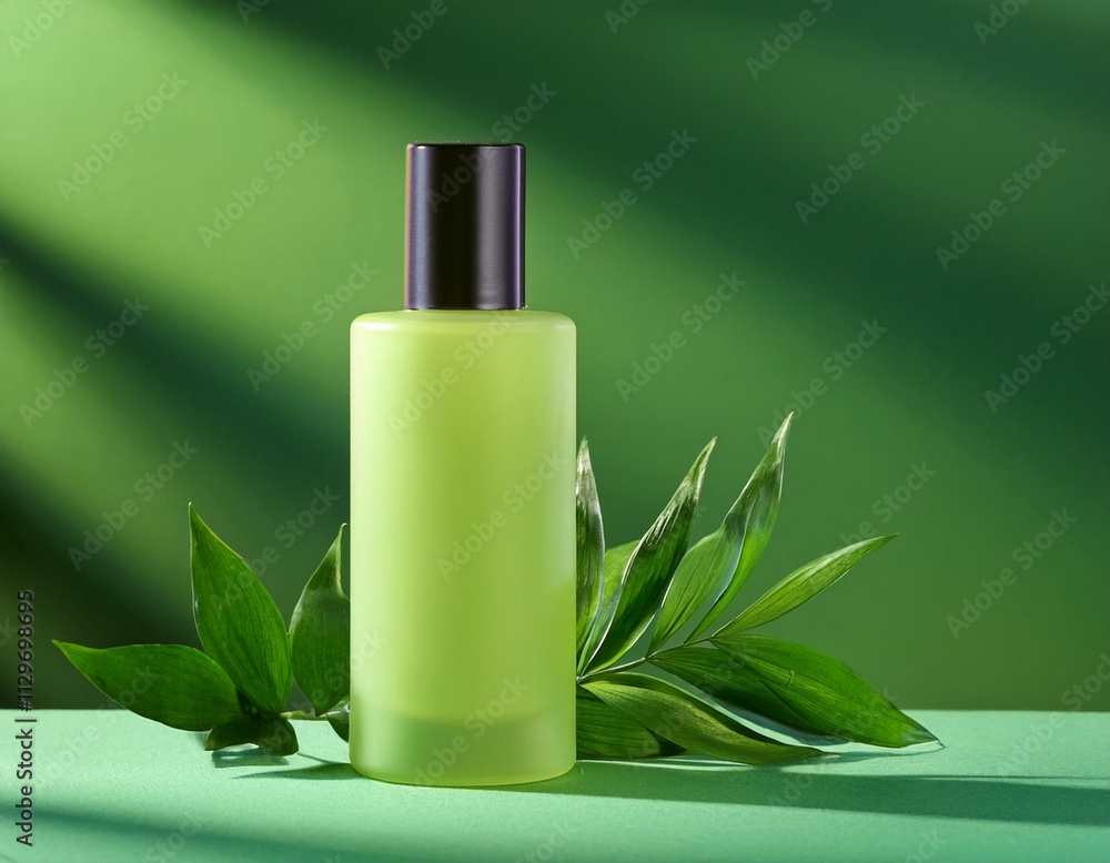 Cosmetic bottle on a green background. Generated image Cosmetic bottle on a green background. Generated image