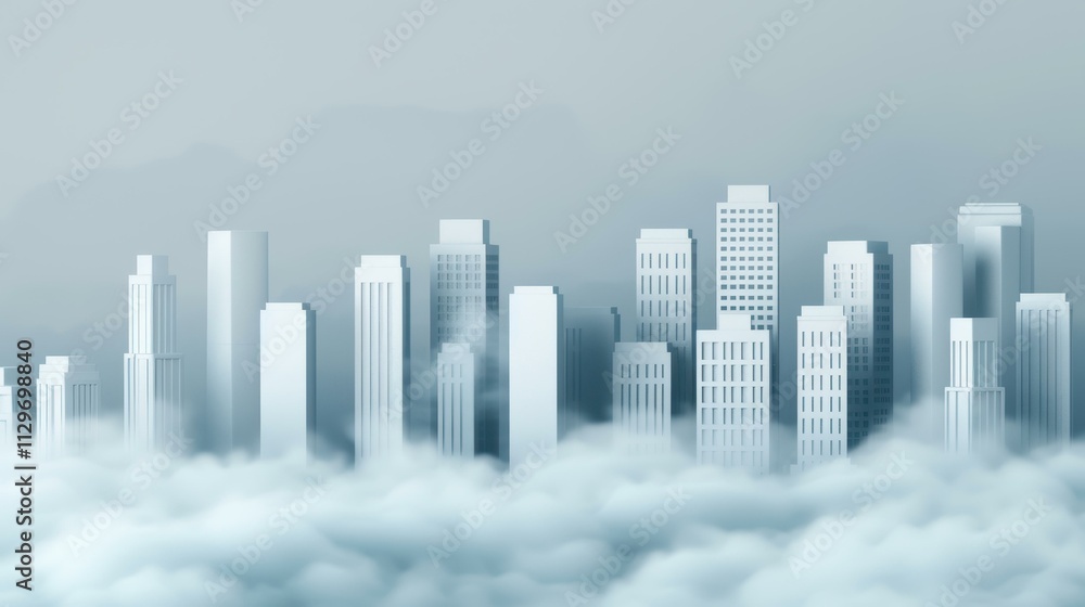 Naklejka premium A breathtaking view of a modern city shrouded in morning fog, creating a mystical and serene atmosphere.