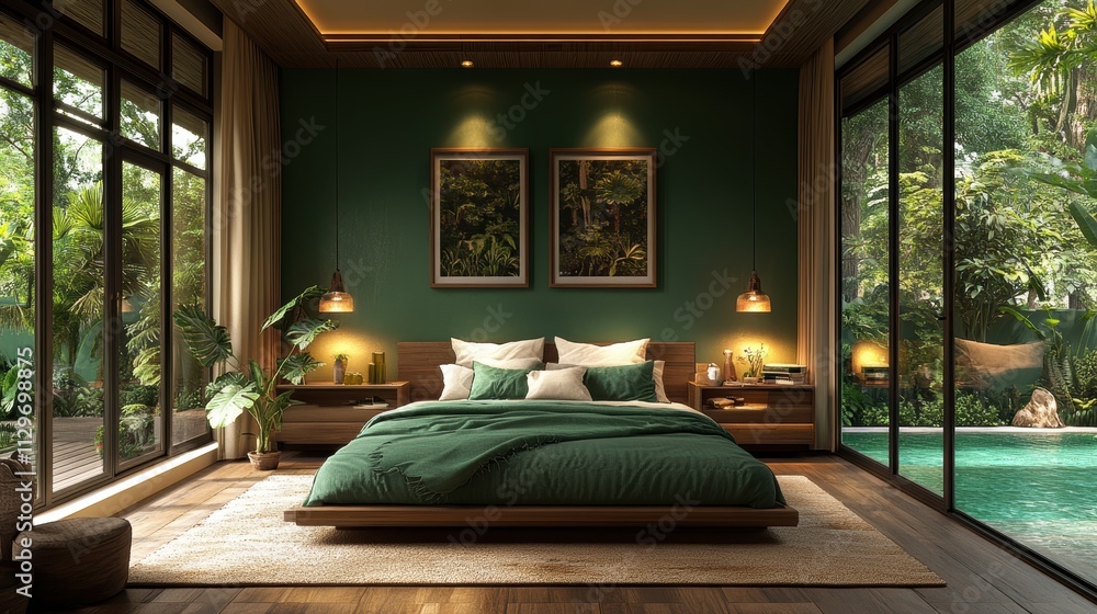 A serene and luxurious modern bedroom seamlessly blending indoor and outdoor elements with a lush garden view and elegant natural decor. A serene and luxurious modern bedroom seamlessly blending indoor and outdoor elements with a lush garden view and elegant natural decor.