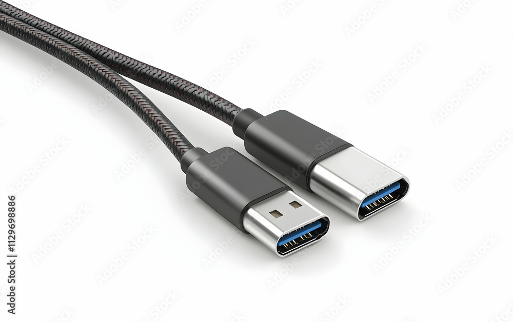 USB-C cable with connectors, isolated on white background, clipping path,, AI Generated USB-C cable with connectors, isolated on white background, clipping path,, AI Generated